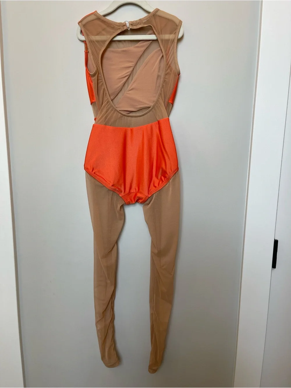 Girls Orange and Nude Mesh Dance One-Piece Bodysuit